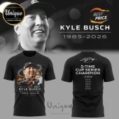 Black graphic t-shirt featuring Kyle Busch portrait, number 8 race car, and 5-time cup series champion text stats!