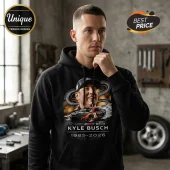 Black hoodie featuring a graphic print of Kyle Busch, number 8 race car, and NASCAR text on a vintage design style!