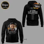 Black hoodie with Kyle Busch portrait, race car, 5-time Cup Series Champion text, and RCR logo graphics!