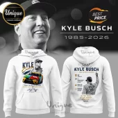 White hoodie with Kyle Busch NASCAR tribute graphics, racing car, statistics, and memorial text on front and back!