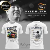 White t-shirt with Kyle Busch graphic, race car, career stats, and commemorative text in blue, yellow, and black colors!