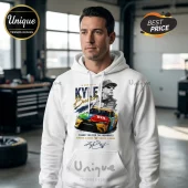 White hoodie with Kyle Busch NASCAR graphic featuring yellow racing car text and autograph in retro racing style!