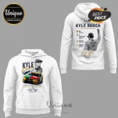 White hoodie with Kyle Busch NASCAR graphics, car illustration, career stats, and commemorative text print!