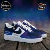 Custom galaxy print sneakers featuring Earth Wind and Fire text and phoenix logo on navy and white athletic shoes!