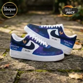 Custom galaxy print sneakers featuring Earth Wind and Fire text and logo on white and blue leather.!