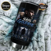 Pep Guardiola Manchester City tumbler with blue and black sports graphics text saying Pep Guardiola Says Goodbye!