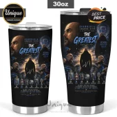 30oz stainless steel tumbler featuring Pep Guardiola, Manchester City logo, trophies, and blue text on a black background!