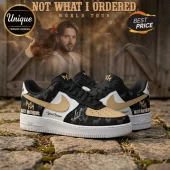 Custom Matt Mathews sneakers in black, white, and tan featuring rooster and goat graphics with signature on leather!