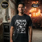 Black acid wash t-shirt featuring a white Metallica band logo and concert collage graphic print on chest!
