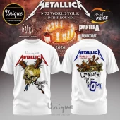 White Metallica t-shirt with skull graphic, spiked clubs, and Damage Inc text in bold retro metal style print!