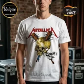 White t-shirt with Metallica logo, gold skull, and spiked bats graphic labeled Damage Inc in a bold rock band style!