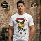 White Metallica t-shirt with Damage Inc graphic showing a skull and spiked baseball bats in red, yellow, and black colors!