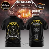 Black Metallica M72 tour t-shirt with skull and snake graphic on front and European 2026 tour dates on the back!