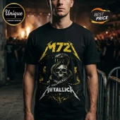 Black t-shirt with yellow and white Metallica M72 snake and skull graphic design for metal music fans!