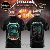 Black Metallica M72 World Tour tee with skull and kraken front print and 2026 tour city list back print!