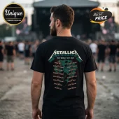 Black Metallica M72 World Tour 2028 t-shirt with teal graphic and tour city list on the back of a man!
