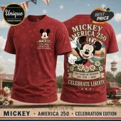 Red Mickey Mouse t-shirt with patriotic graphics text Mickey America 250 1776-2026 Celebrate Liberty vintage style print!