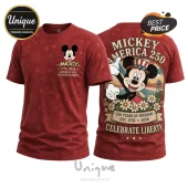 Red graphic t-shirt with front Mickey Mouse logo and large back print reading Mickey America 250 Celebrate Liberty!
