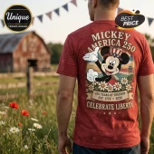 Red t-shirt back print featuring Mickey Mouse in patriotic hat with text Mickey America 250 and 250 Years Of Freedom!