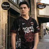 Black My Chemical Romance baseball jersey with white and red band graphics, text, and skull illustrations.!