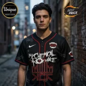 Black My Chemical Romance baseball jersey with red trim, white band logo, and vampire teeth graphic on front!