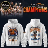 White hoodie with New York Knicks Eastern Conference Champions graphics in orange and blue text and basketball imagery!
