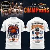 White New York Knicks Eastern Conference Champions 2026 t-shirt with orange blue basketball graphics and NYC skyline art!