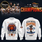White New York Knicks Eastern Conference Champions sweatshirt featuring team logos, basketball, and city skyline graphics!