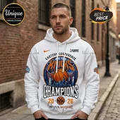 White hoodie with New York Knicks Eastern Conference Champions 2026 graphic featuring basketball and city skyline art!