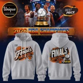 Grey hoodie featuring New York Knicks 2026 NBA Finals graphics with basketball motifs and team colors!