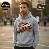 Grey basketball hoodie featuring Knicks Finals 25-26 Eastern Conference Champions graphic in orange and black text!