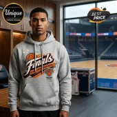 Grey hoodie featuring vintage style Finals basketball graphic with Knicks text and orange accents on a man!