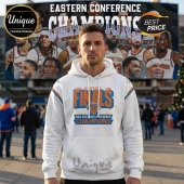 White hoodie with orange and blue text New York Knicks Finals NBA Eastern Conference Champions basketball graphic design!