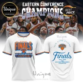 White New York Knicks basketball t-shirt with orange and blue Finals Eastern Conference Champions graphics!