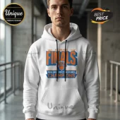 White hoodie with blue and orange New York Knicks Finals Eastern Conference Champions graphic logo on chest!