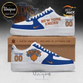 Custom blue and white New York Knicks basketball sneakers with personalized text and jersey numbers 00!