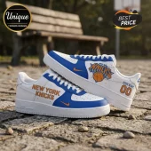 Custom white and blue sneakers with New York Knicks logo and personalized name and number text design!