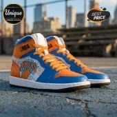 High top sneakers with blue and orange New York Knicks logo and NBA branding on a court background!