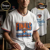 White baseball jersey with New York Knicks Finals Eastern Conference Champions graphics in blue and orange block text!