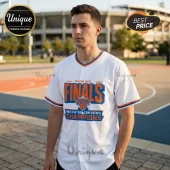 White New York Knicks basketball jersey featuring orange and blue text saying Finals NBA Eastern Conference Champions!