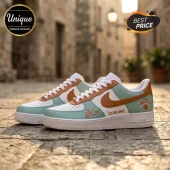 Custom Knicks basketball sneakers featuring white mint and tan leather design with team logo and personalized text field!