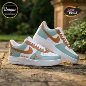 Custom basketball sneakers in white teal and brown featuring Knicks branding and custom name text!