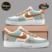 Custom basketball sneakers in light blue and orange with New York Knicks logo and Custom Name text printed on leather!
