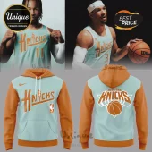 Light blue and orange New York Knicks hoodie with retro lettering and basketball graphic on front and back!