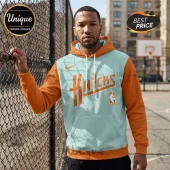 Light blue and orange basketball hoodie with Knicks text logo and NBA emblem on chest!