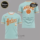 Light blue New York Knicks basketball t-shirt with orange typography and torch graphic on front and back!