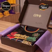 Black Juneteenth 1865 jersey with red yellow green embroidery and Omega Psi Phi greek letters in a gift box!