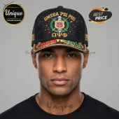Black baseball cap with gold Omega Psi Phi text and crest embroidery with Juneteenth lettering on the brim!