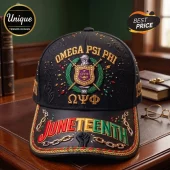 Black baseball cap featuring Omega Psi Phi crest, gold text, and Juneteenth branding with red, yellow, and green accents!