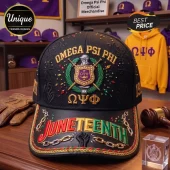 Black baseball cap featuring gold embroidered Omega Psi Phi text, crest, and red, black, green Juneteenth brim design!